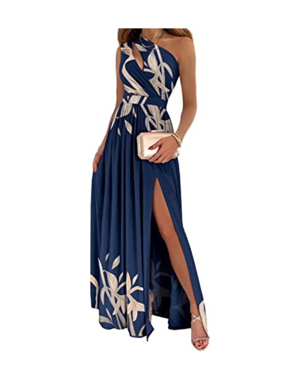 Women's One Shoulder Cutout Pleated Maxi Dress Sleeveless High Slit Formal